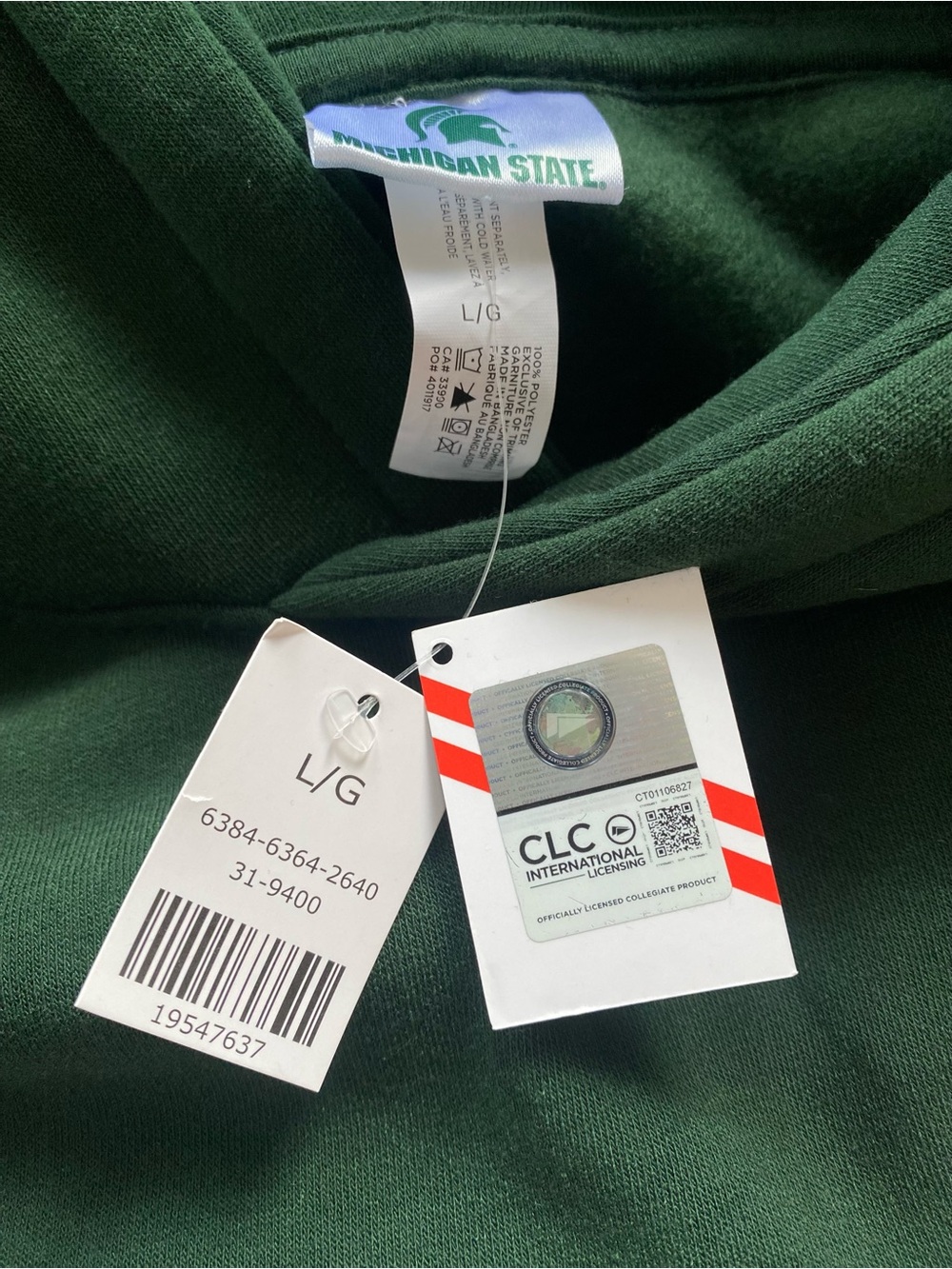Michigan State Spartans Hoodie Mens L Green Embroidered Piping Sweatshirt NWT - Picture 5 of 9